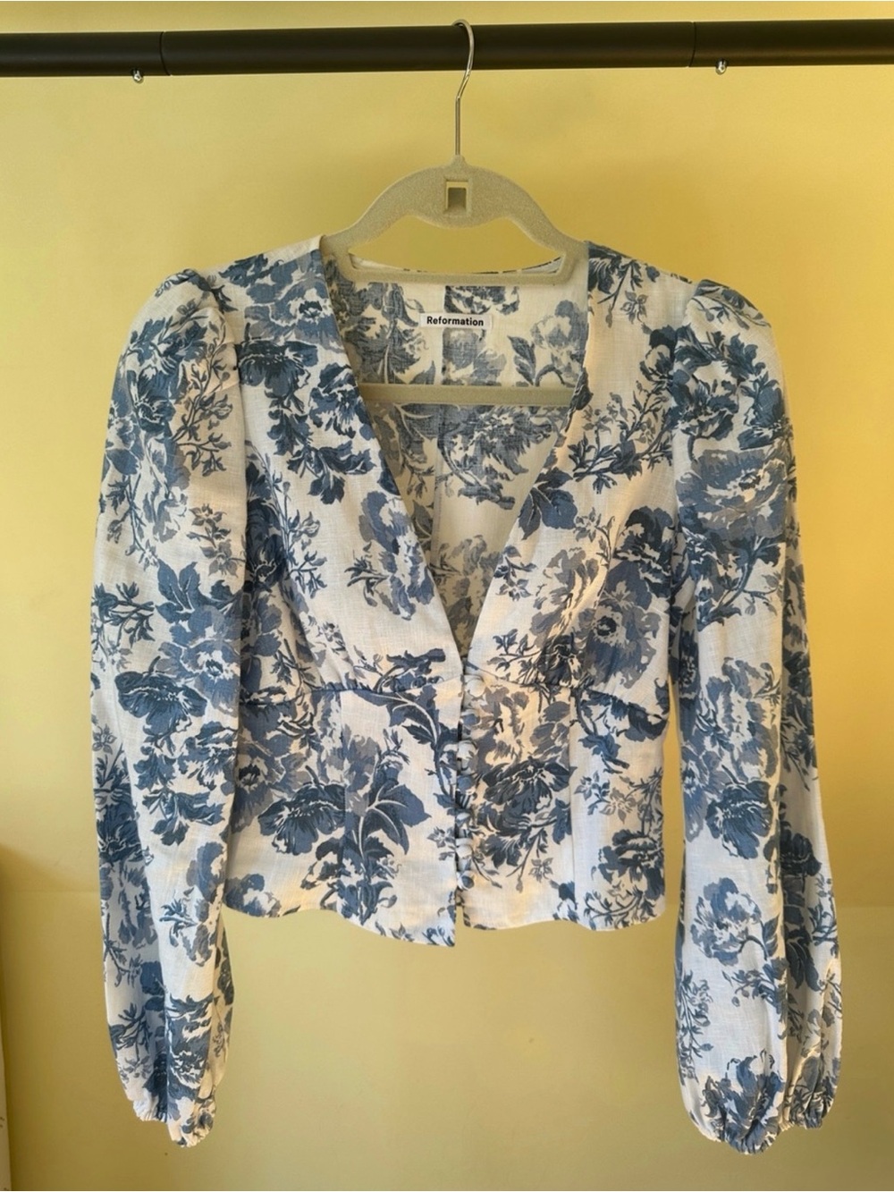 Reformation Blue and White Floral Puff Sleeve Blouse